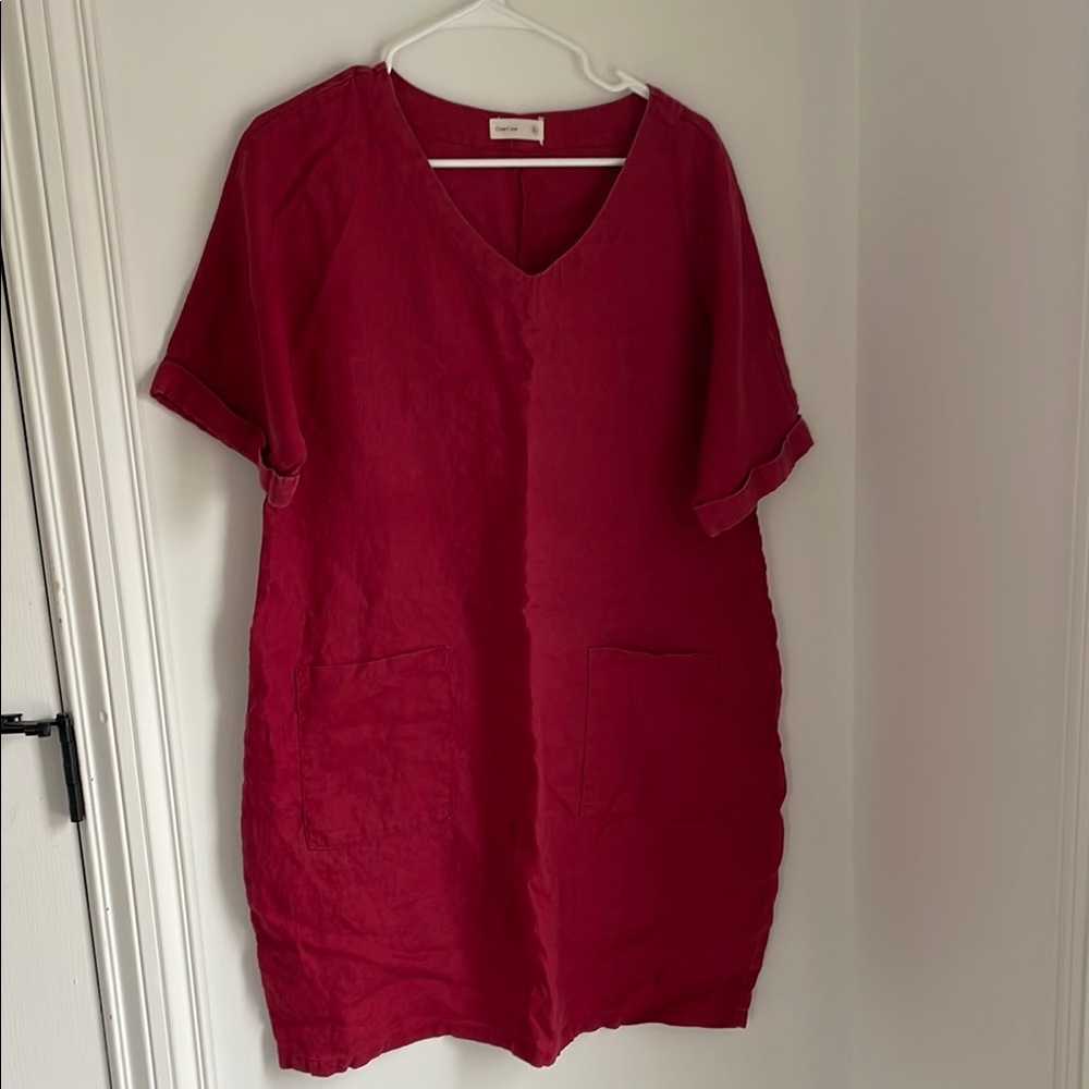 Red V-Neck GRAE COVE Dress with Pockets EUC 100% linen XL